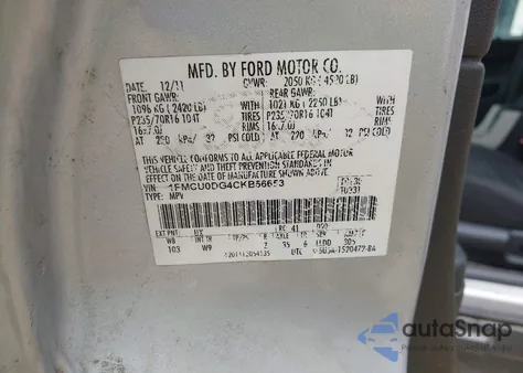 2012 Ford Escape Xlt из США, поврежденный, VIN 1FMCU0DG4CKB56653